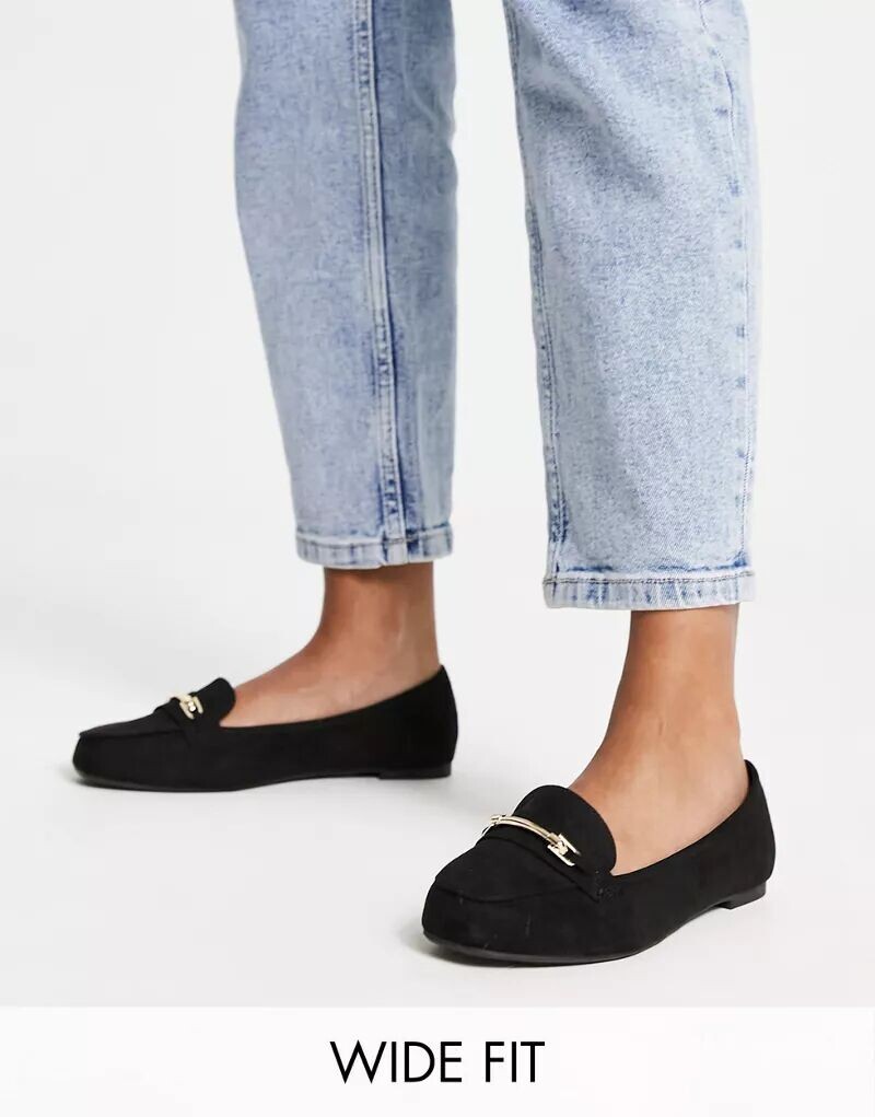 

Черные лоферы New Look Wide Fit из искусственной замши с украшением