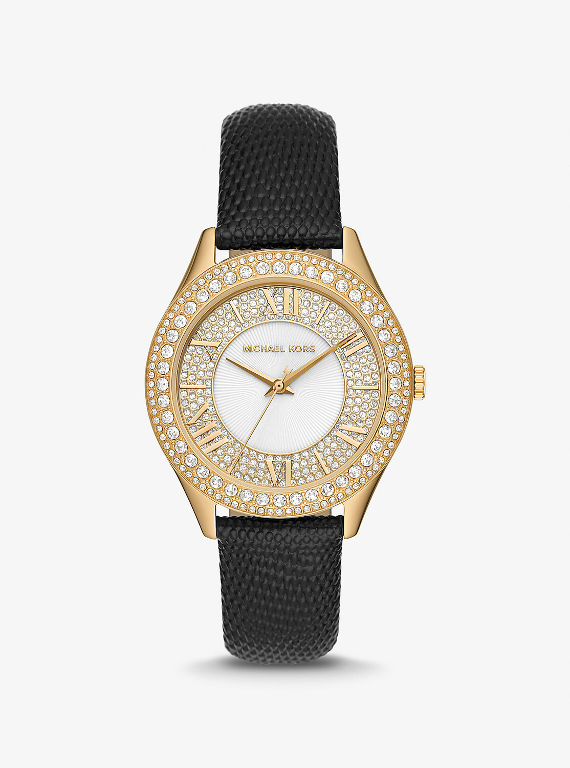 

Кожаный ремешок Harlowe с паве золотистого цвета и тиснением под ящерицу Michael Kors, черный