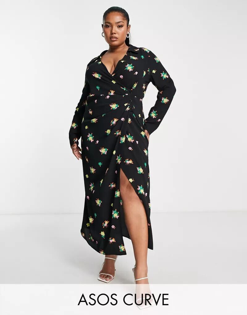 

Черное платье-рубашка миди с запахом и рюшами на пуговицах ASOS DESIGN Curve