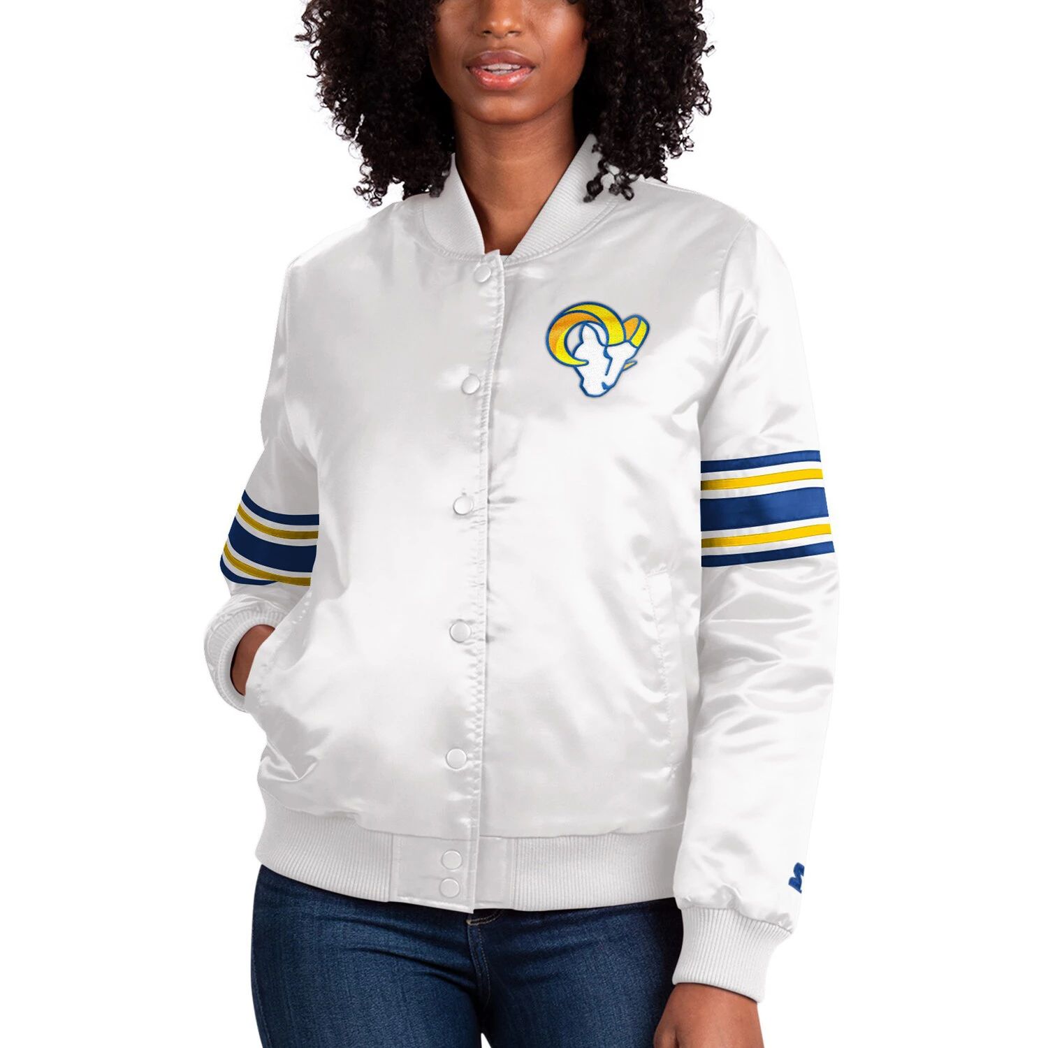 цена Женская стартовая кремовая атласная университетская куртка Los Angeles Rams Line Up Starter