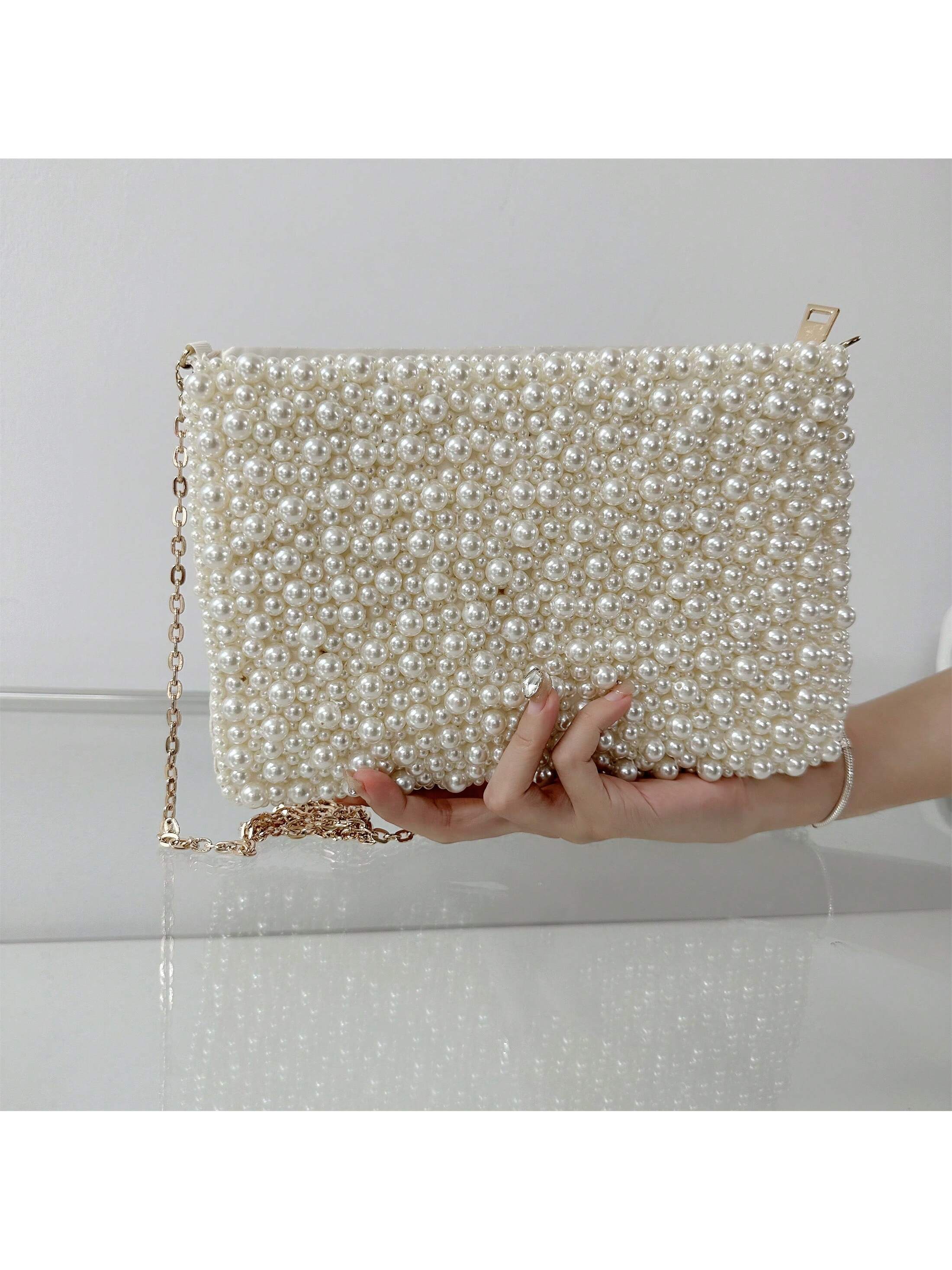 Трансграничная модная диагональная сумка через плечо ручной работы с жемчужными шипами, белый