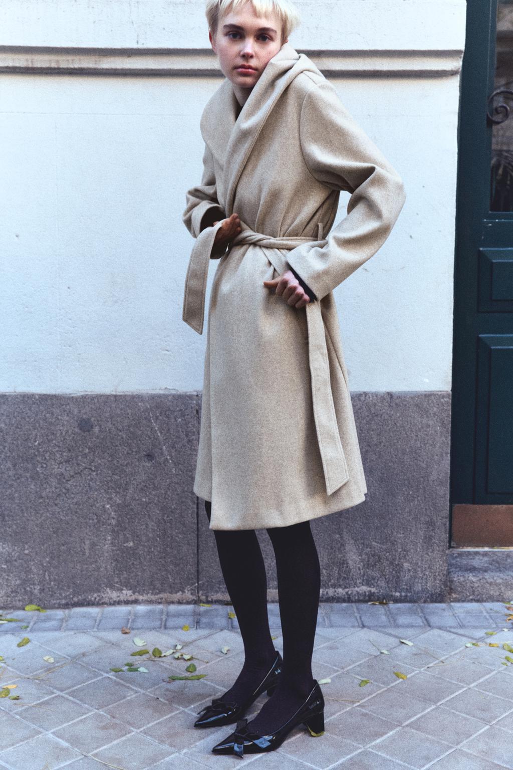 Мягкое пальто с капюшоном ZARA, бежевый жилет с капюшоном zara бежевый