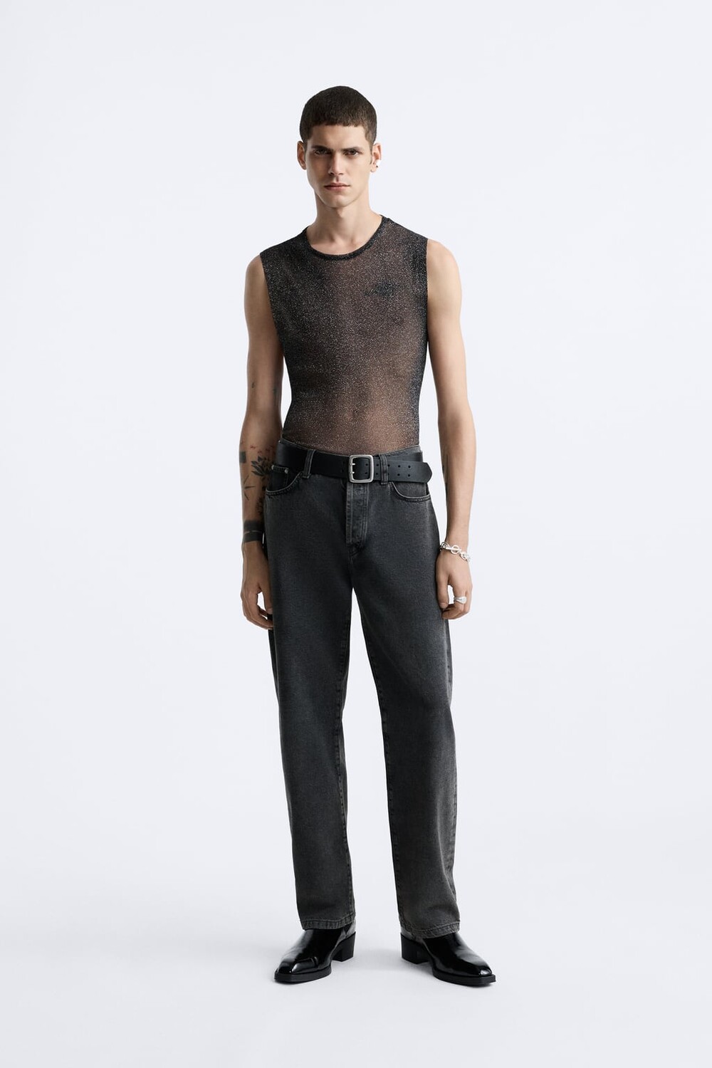 

Блестящая трикотажная футболка ZARA, черный