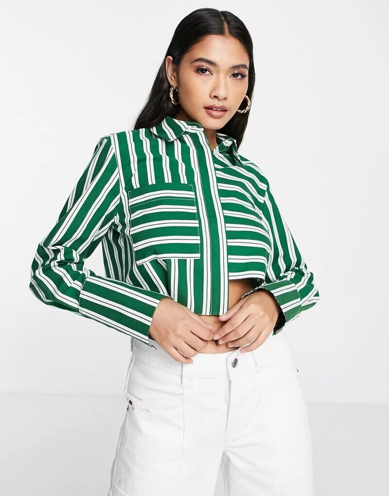 

Зеленая укороченная рубашка из поплина в полоску Topshop