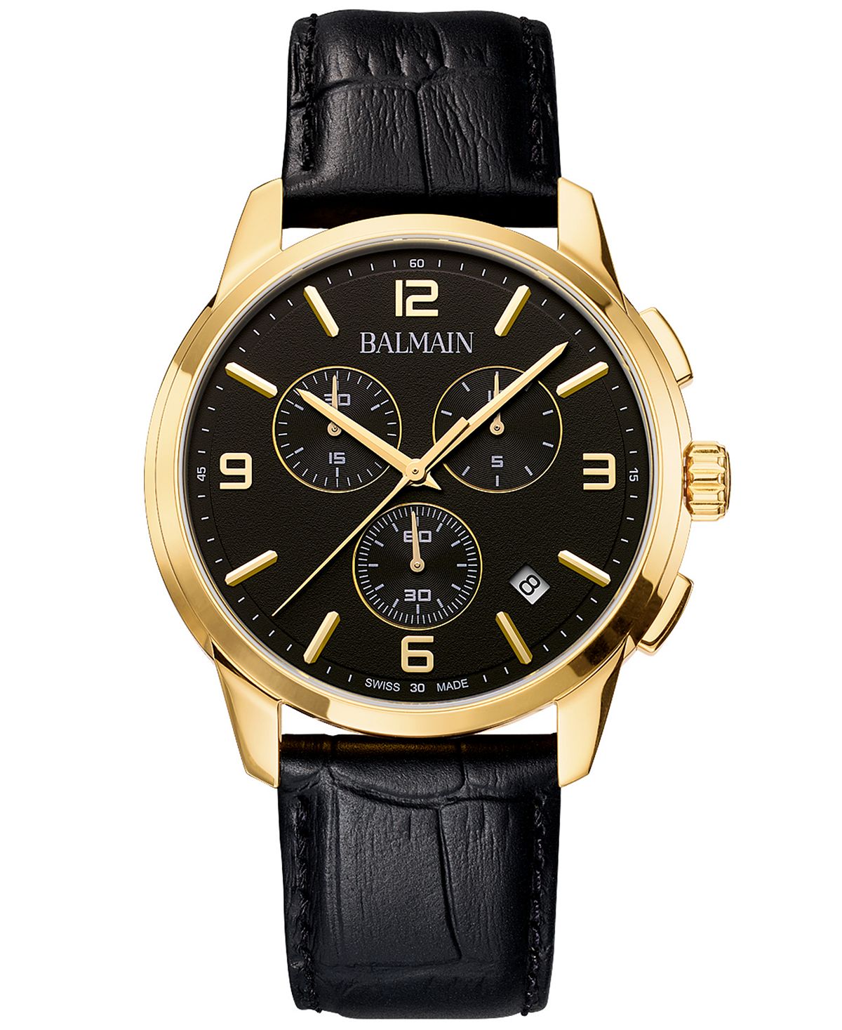 цена Мужские швейцарские часы с хронографом Madrigal, черный кожаный ремешок, 42 мм Balmain
