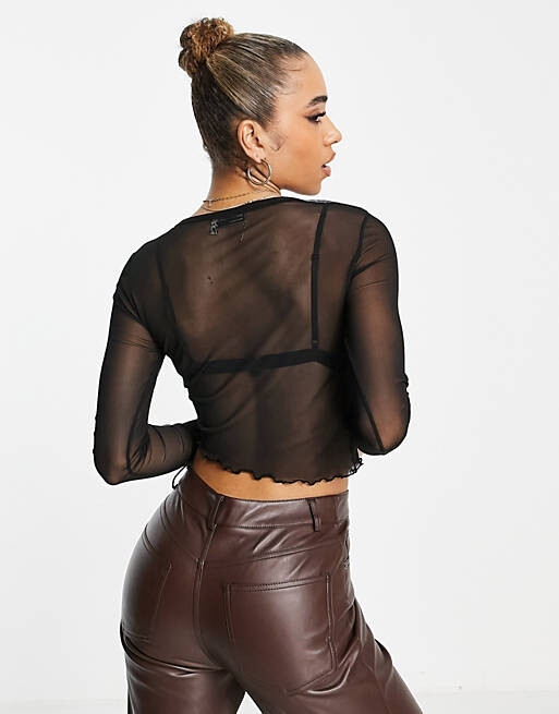 

Черный сетчатый топ с длинными рукавами и швом ASOS DESIGN