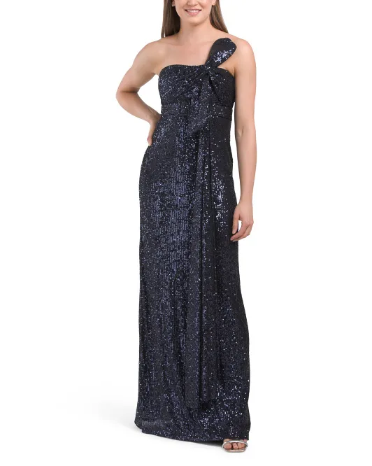 

Платье без бретелек с пайетками и бантом Badgley Mischka, темно-синий