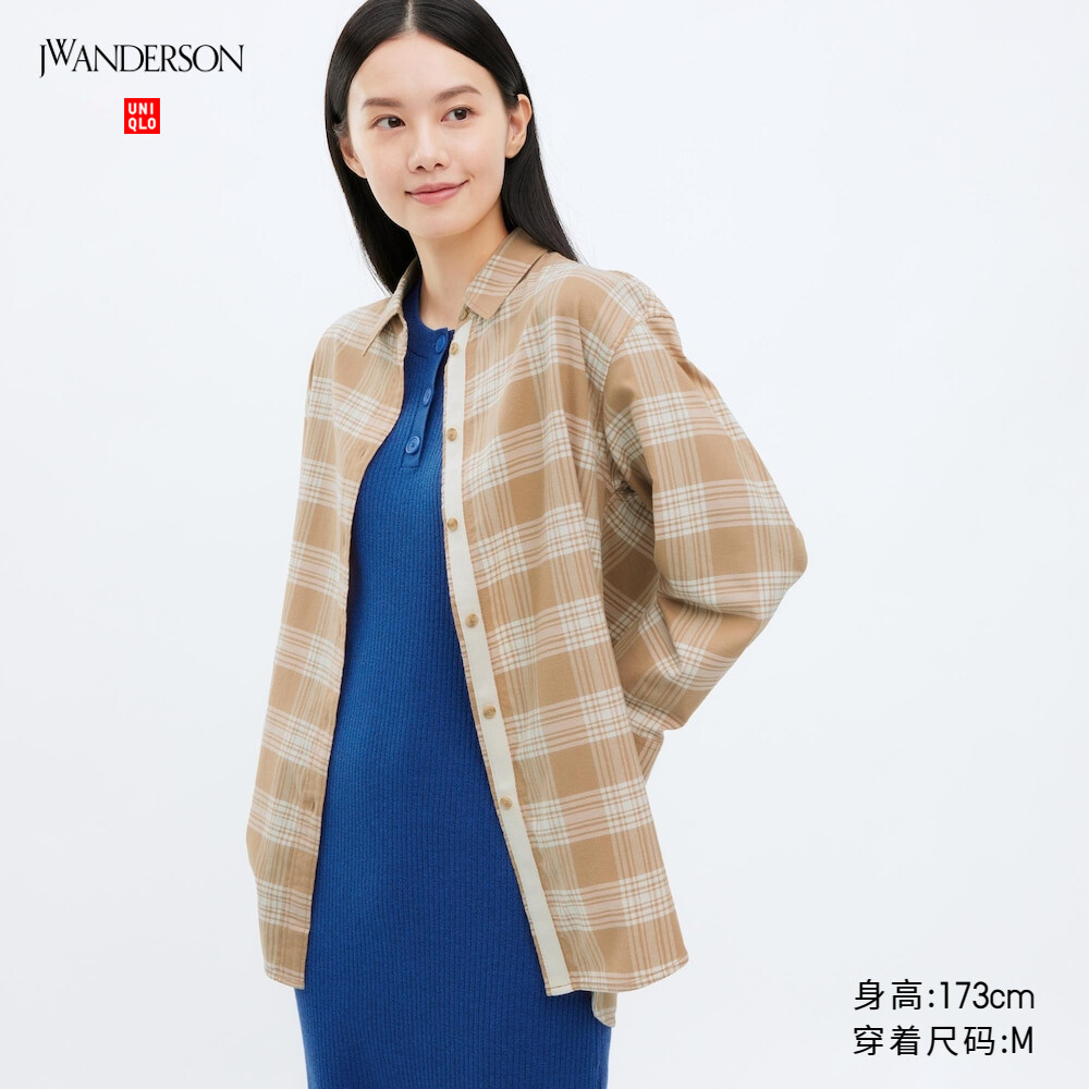 

Рубашка Uniqlo JWA длинная фланелевая в клетку, бежевый