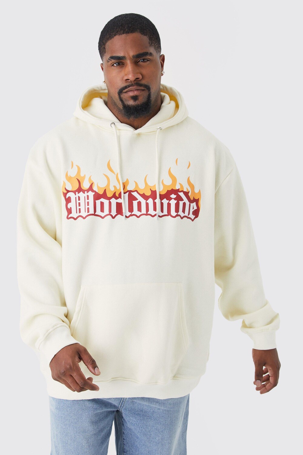 

Худи оверсайз с графическим изображением plus worldwide flames Boohoo, экру