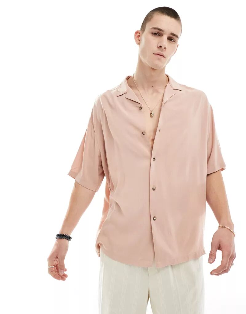 Пыльно-розовая рубашка оверсайз из вискозы с воротником-стойкой ASOS в стиле 90-х годов