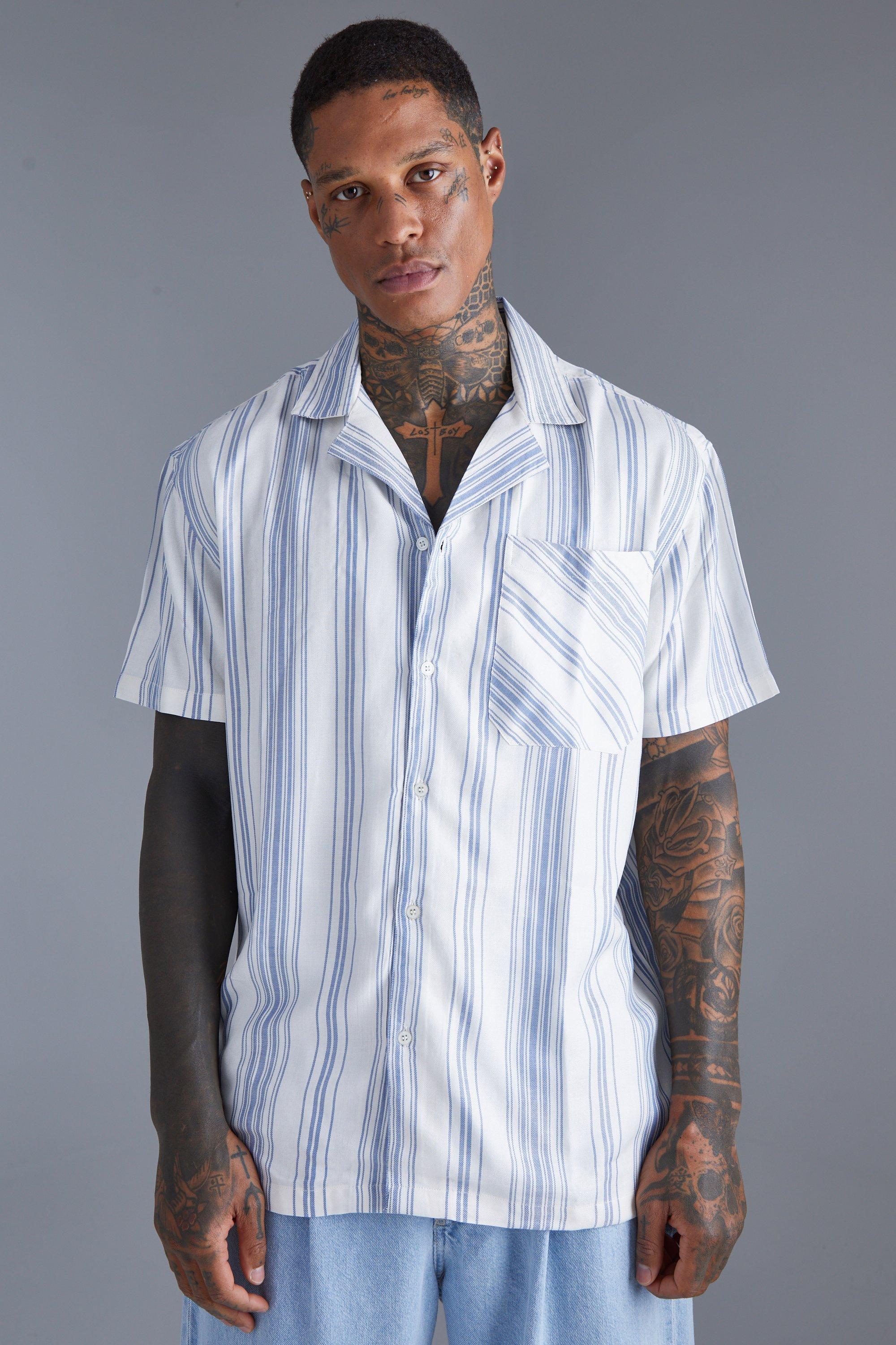 Рубашка оверсайз с коротким рукавом в полоску Boohoo, экру мужская винтажная рубашка в полоску дышащая футболка оверсайз с коротким рукавом в уличном стиле лето 2022