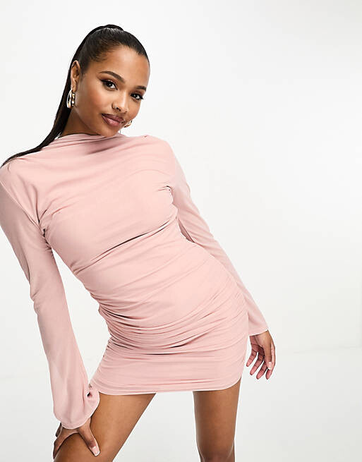 

Розовое сетчатое платье мини со сборками и высоким воротником ASOS DESIGN Petite, Розовый
