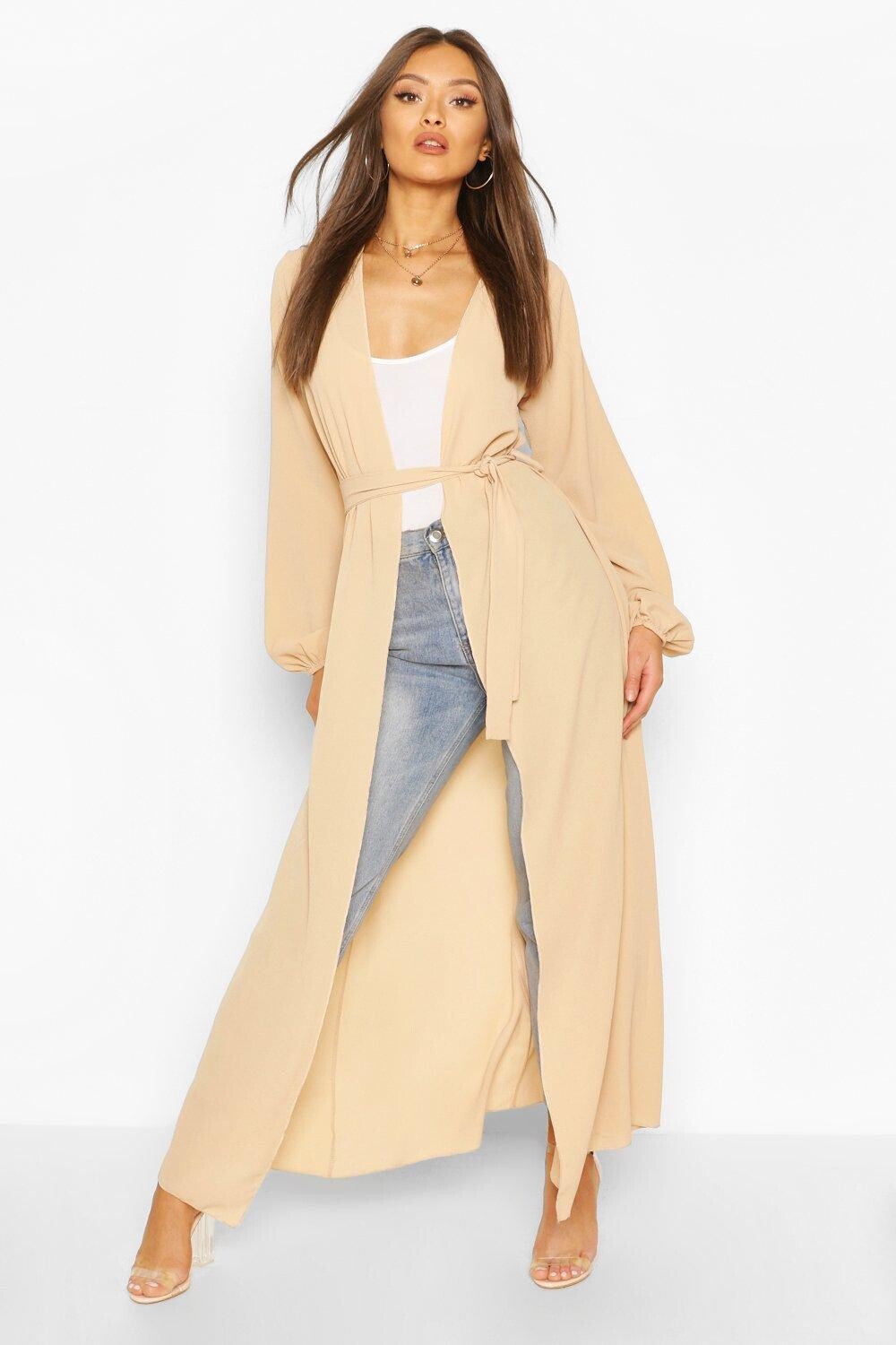 

Тканое кимоно макси с поясом boohoo, бежевый