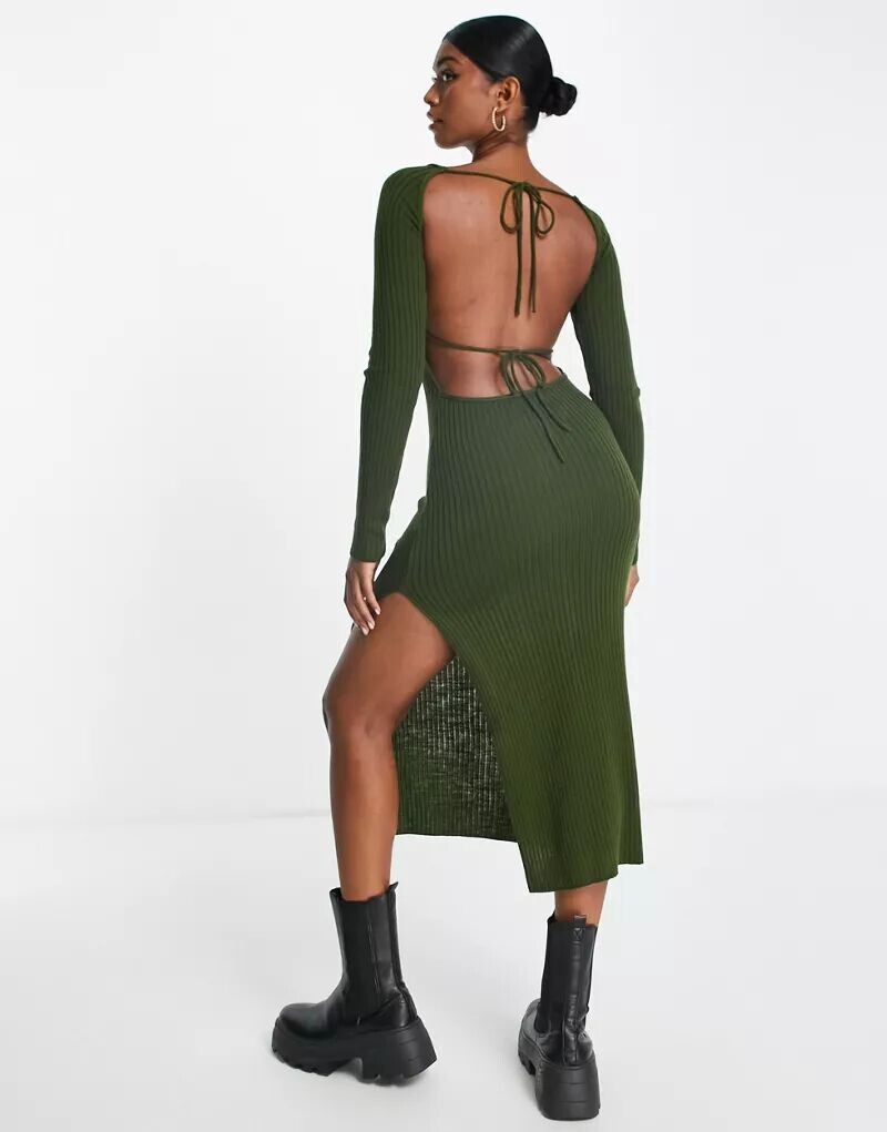 

Трикотажное платье миди цвета хаки с завязками на спине ASOS