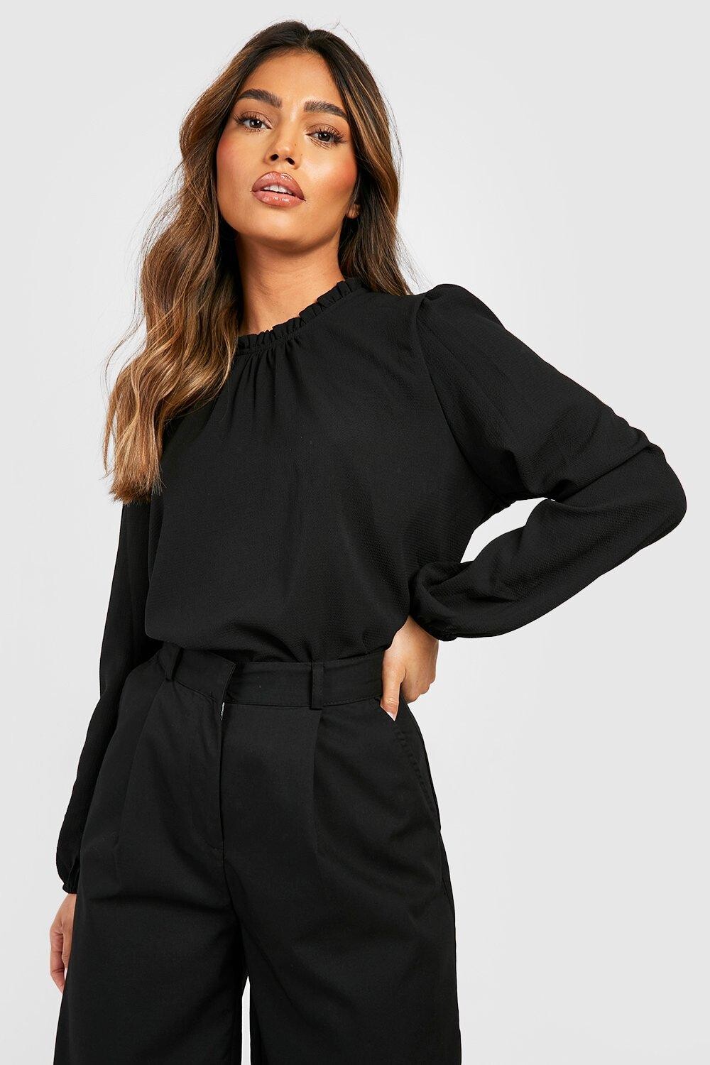

Тканая блузка с оборками и длинными рукавами Boohoo, черный