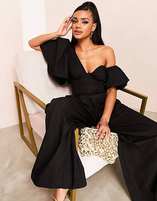

Черный поплиновый комбинезон на одно плечо с поясом ASOS LUXE