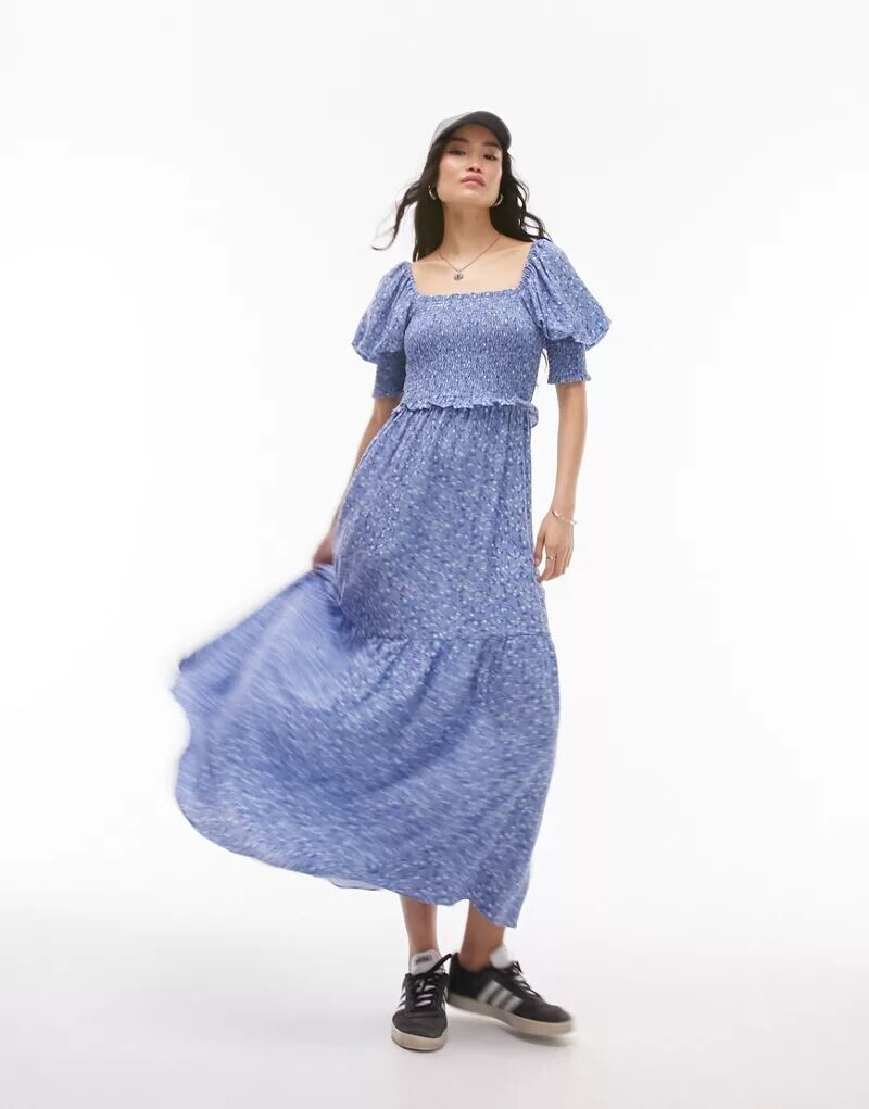 

Синее платье миди с короткими рукавами и цветочным принтом Topshop