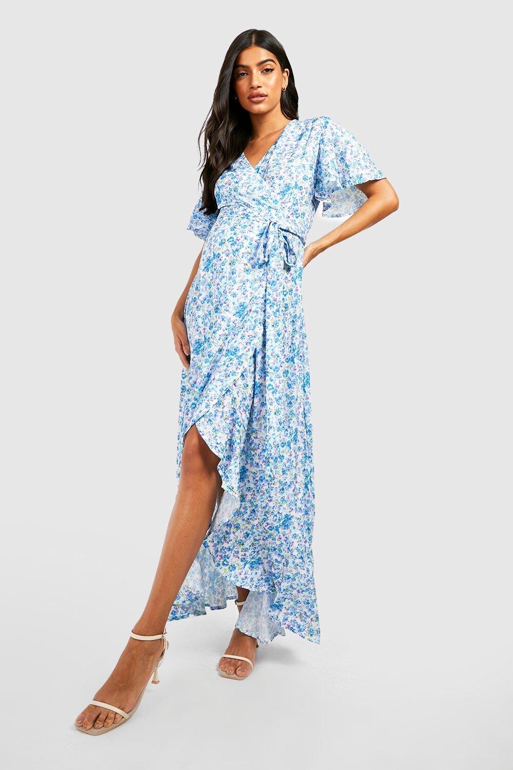 

Платье макси с цветочным принтом и рюшами для беременных boohoo, синий