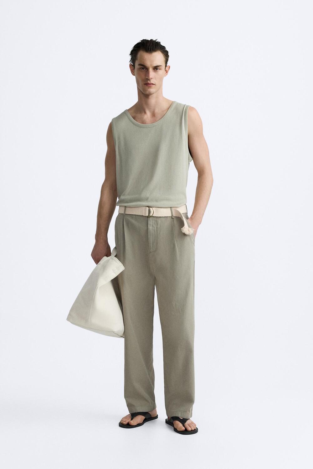 

Брюки из хлопкового льна с поясом ZARA, зеленый