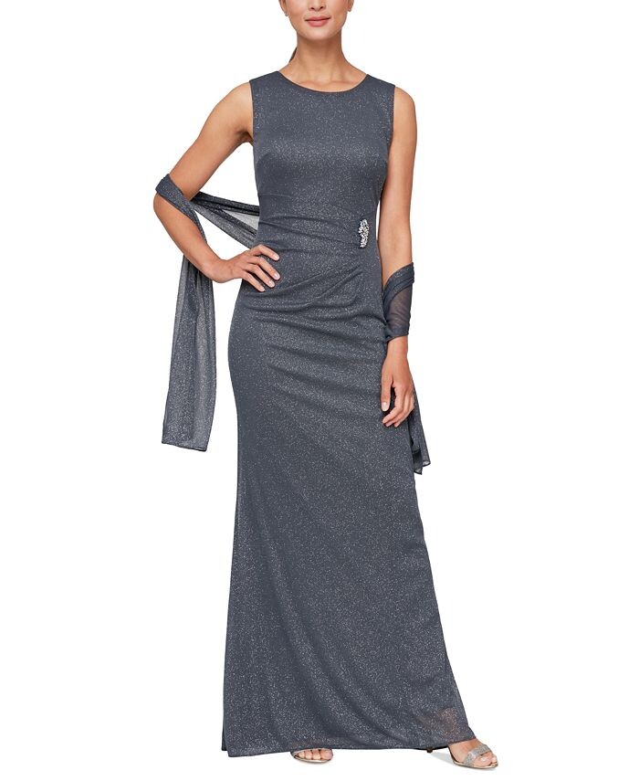 

Платье с блестящим воротником и шалью SL Fashions, серый