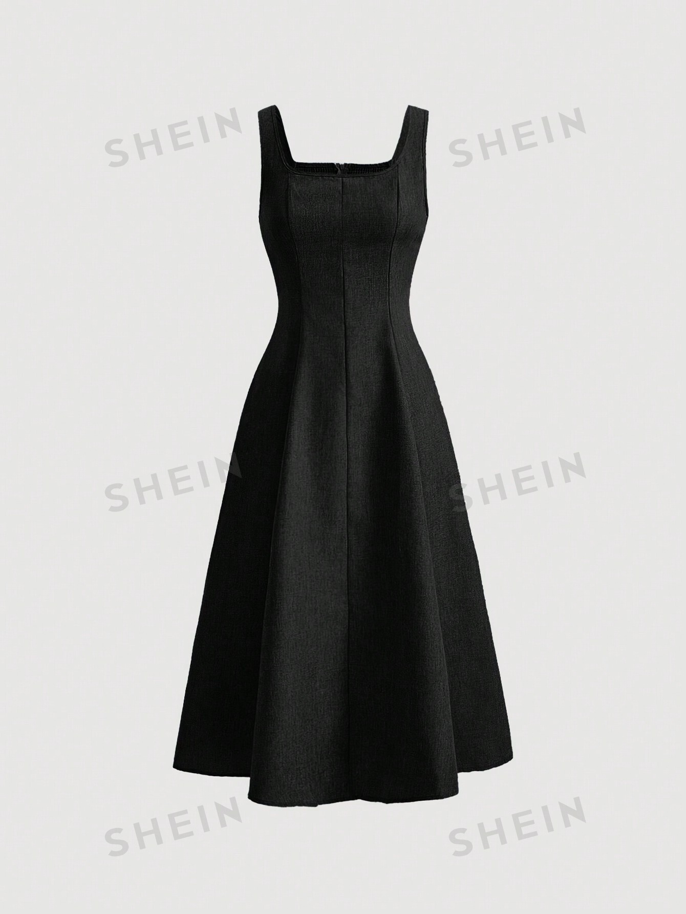 SHEIN MOD однотонное платье с гофрированной спиной и расклешенным подолом, черный женское кружевное шифоновое платье в горошек с квадратным вырезом