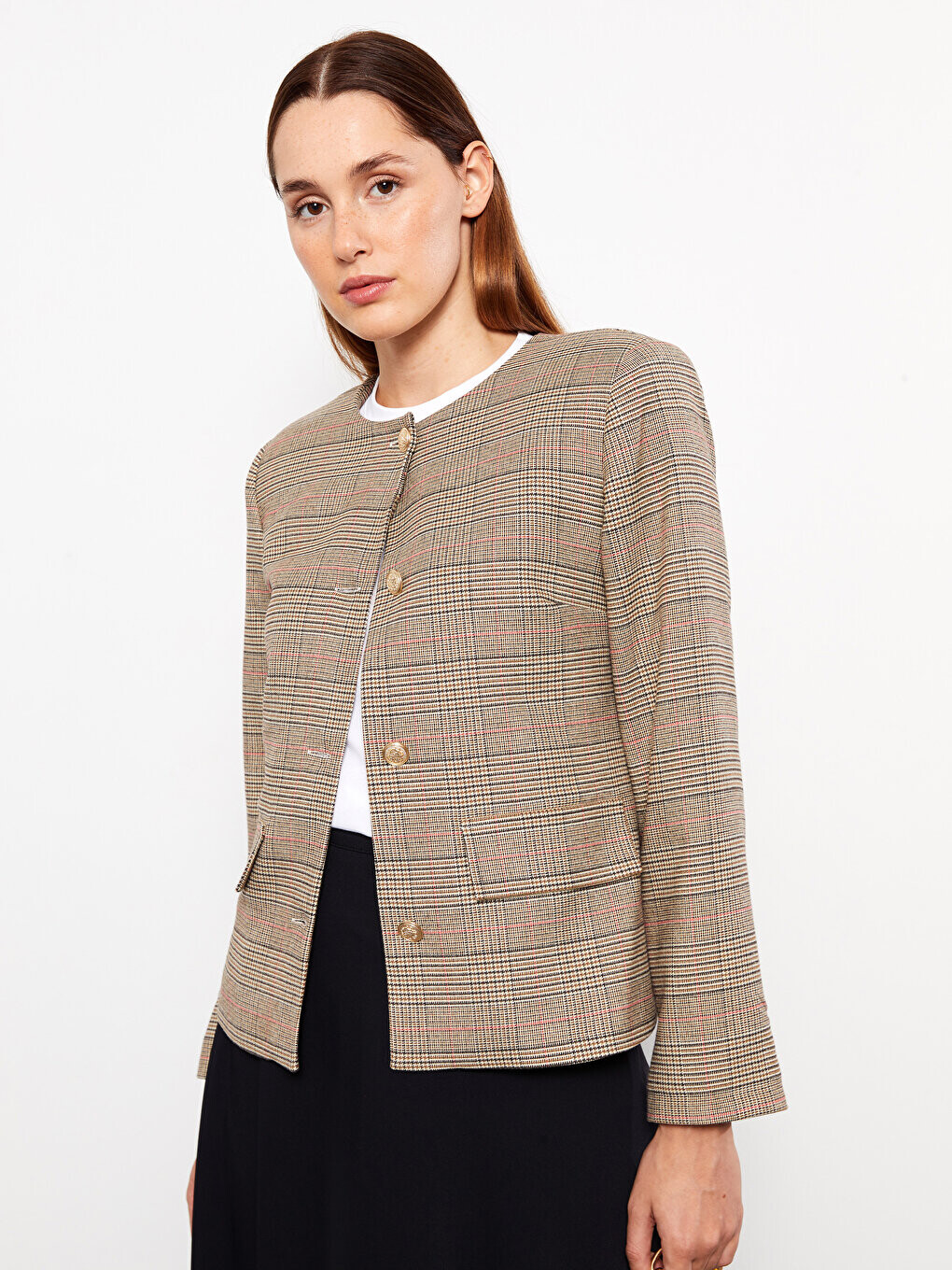 

Женская клетчатая куртка с круглым вырезом и длинными рукавами LCW Modest