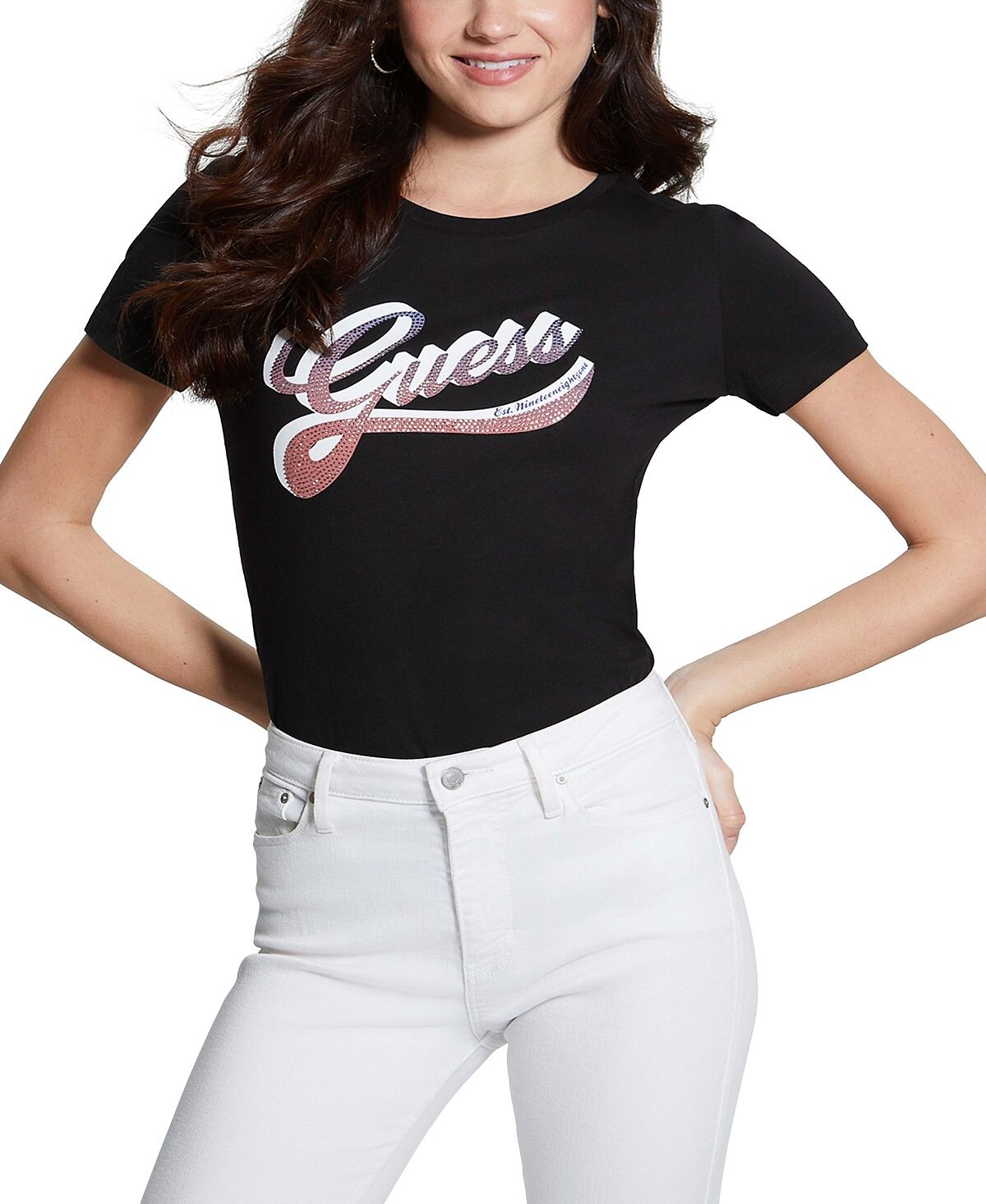 

Женская хлопковая футболка с затененным декорированным логотипом GUESS