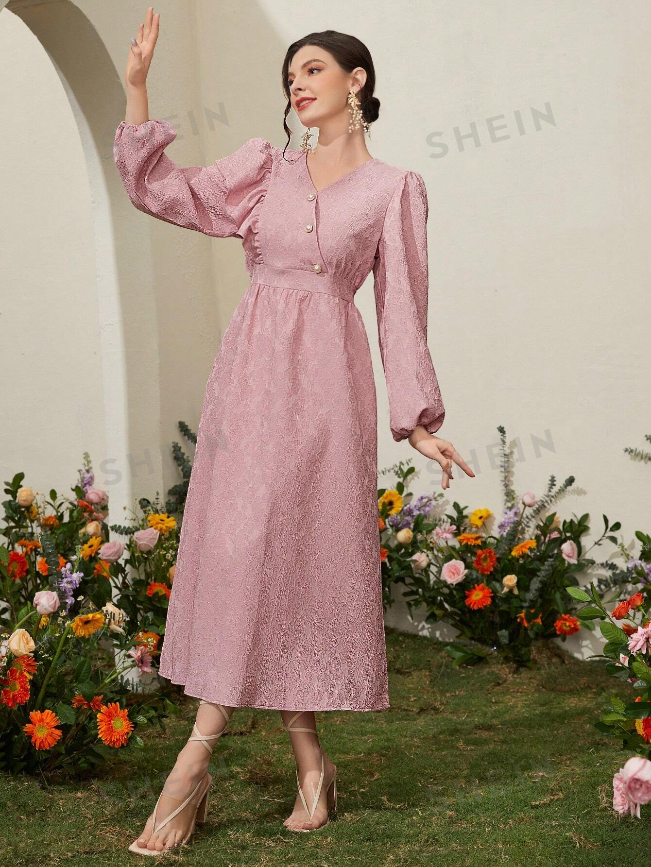 SHEIN Modely женское платье в стиле пэчворк с рюшами и рукавами-фонариками, пыльный розовый