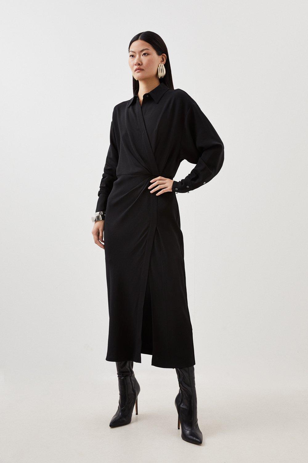 Платье-рубашка миди из вискозного крепа с длинными рукавами Karen Millen, черный