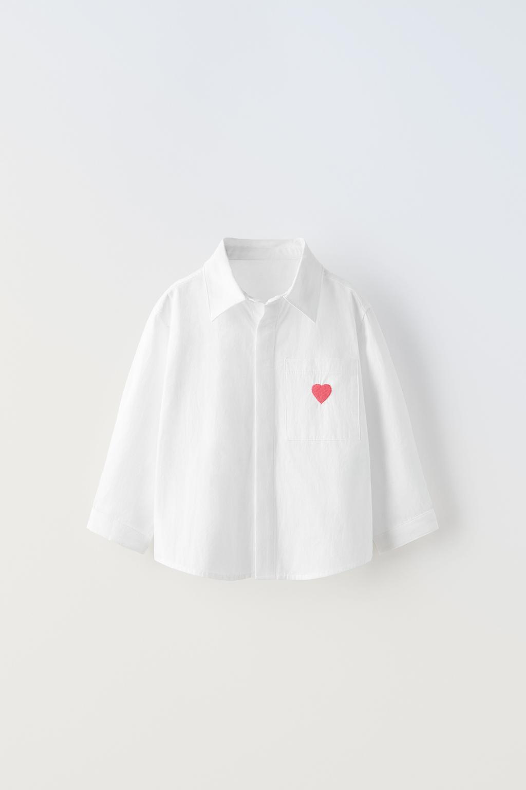 Рубашка с вышивкой сердце ZARA, белый черная рубашка с длинными рукавами и мотивом эпохи возрождения liquor n poker