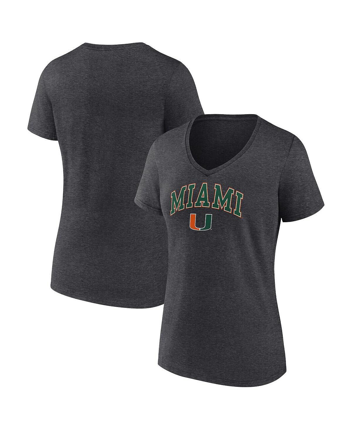 

Женская футболка с v-образным вырезом и фирменным логотипом Heather Charcoal Miami Hurricanes Evergreen Campus Fanatics