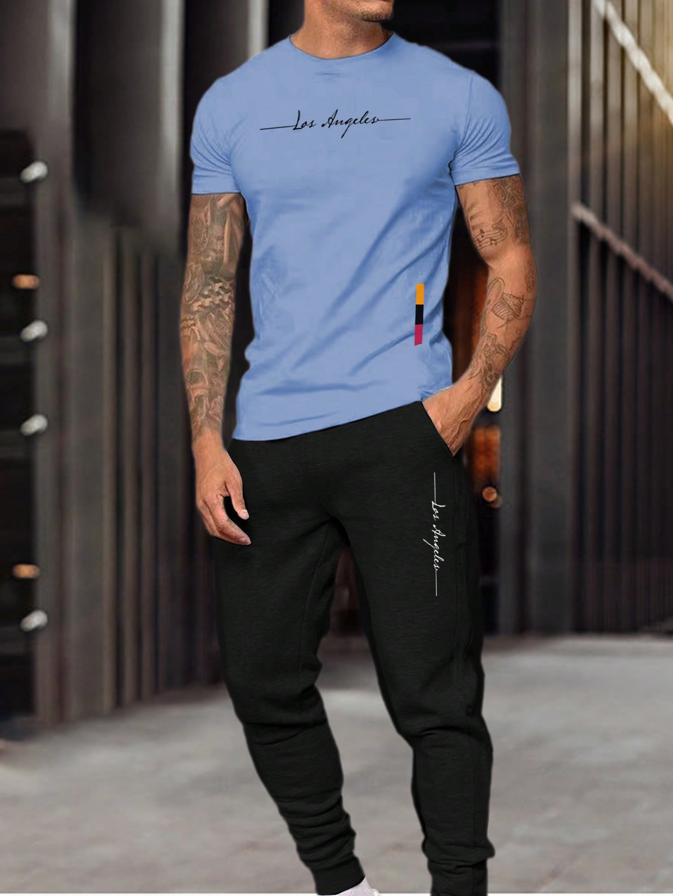 Мужской комплект из топа с короткими рукавами и брюк для бега Manfinity Homme с принтом «Лос-Анджелес», многоцветный