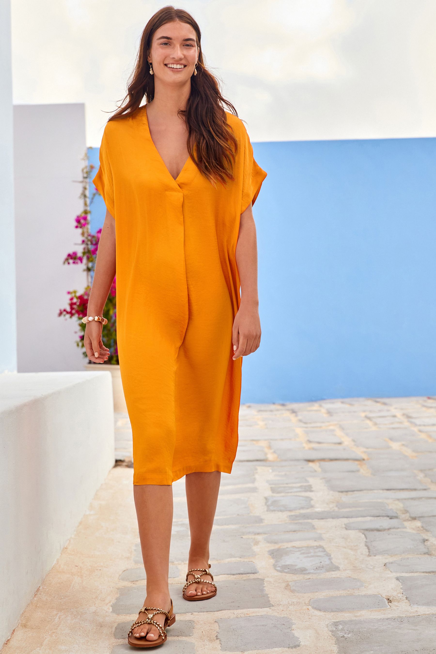 цена Атласное летнее платье-кафтан с пляжной накидкой Next, оранжевый