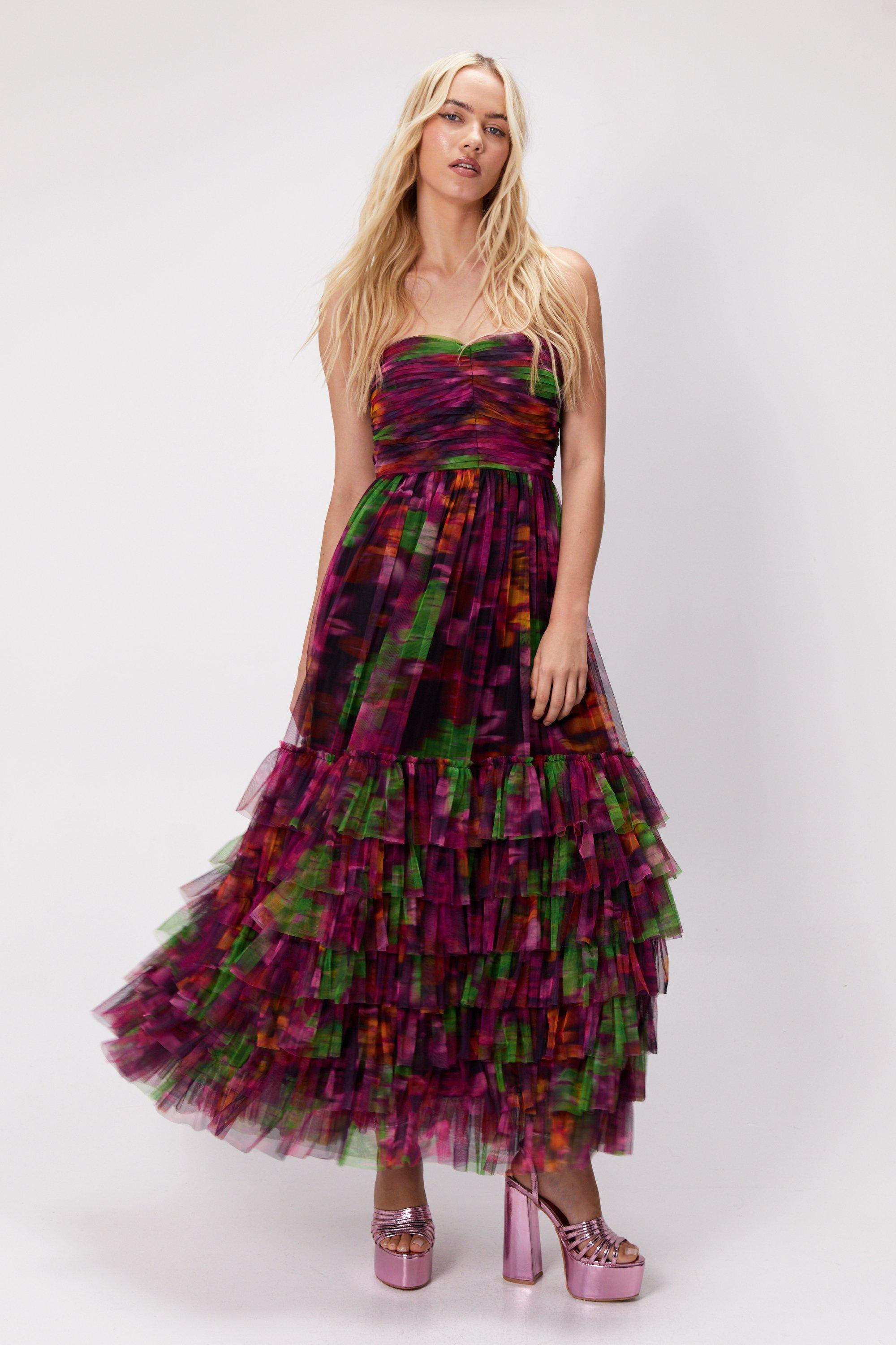 Платье-бандо из тюля с цветочным принтом Nasty Gal, фиолетовый