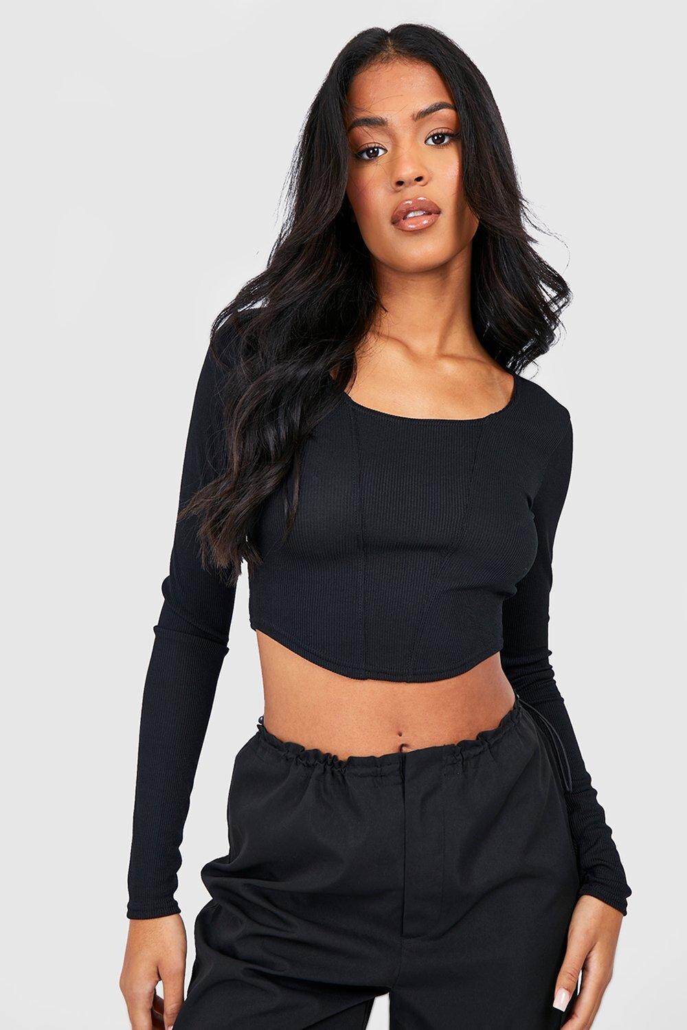

Укороченный корсетовый топ с длинным рукавом в ребку Boohoo, черный