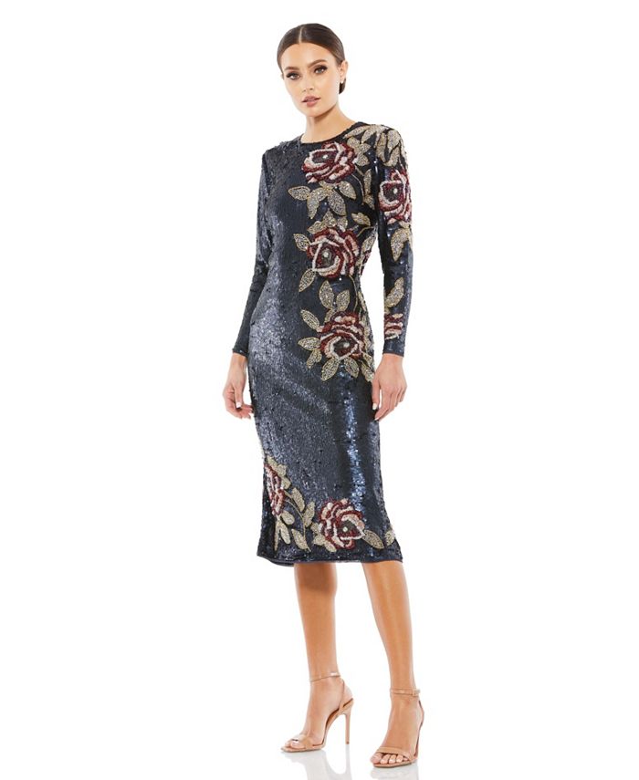 цена Женское платье миди с асимметричным цветочным принтом и пайетками, длинными рукавами Mac Duggal, синий