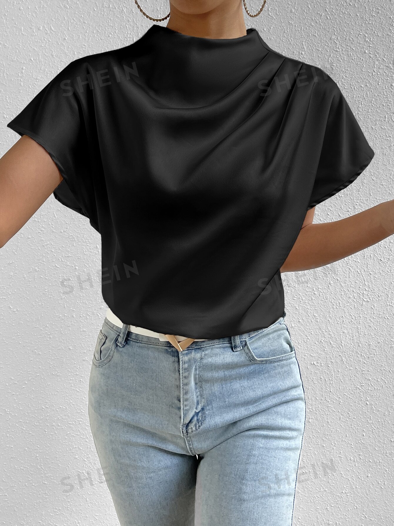SHEIN Frenchy однотонная повседневная рубашка с круглым вырезом и рукавами «летучая мышь», черный