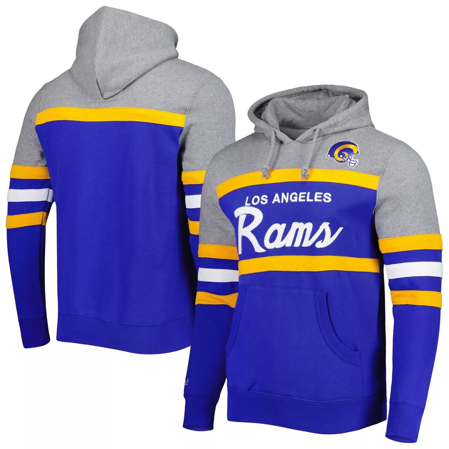 

Мужской пуловер с капюшоном Mitchell & Ness Royal/Heathered Grey Los Angeles Rams Head Coach