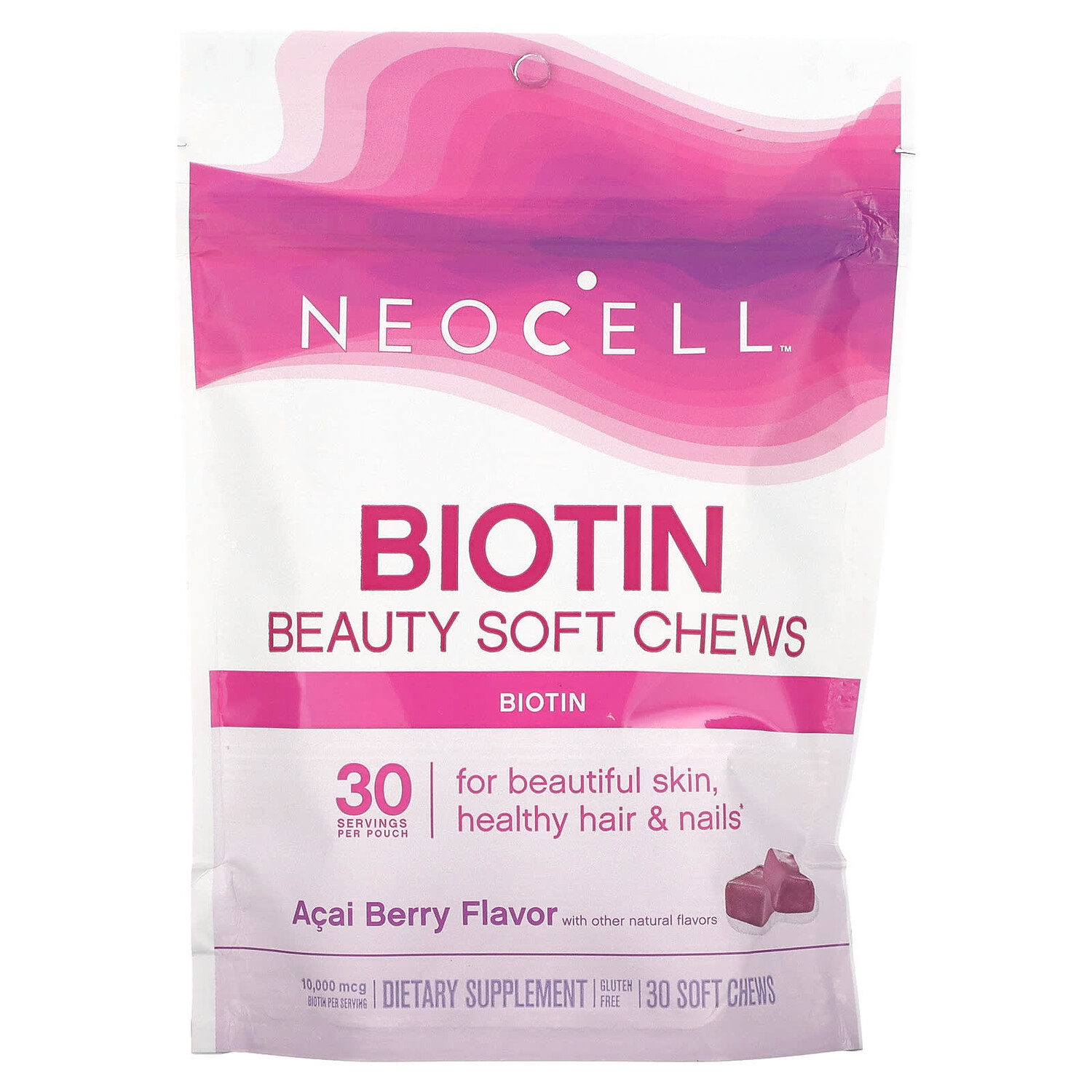 

Biotin Bursts, вкус ягод асаи, 10 000 мкг, 30 жевательных таблеток, NeoCell