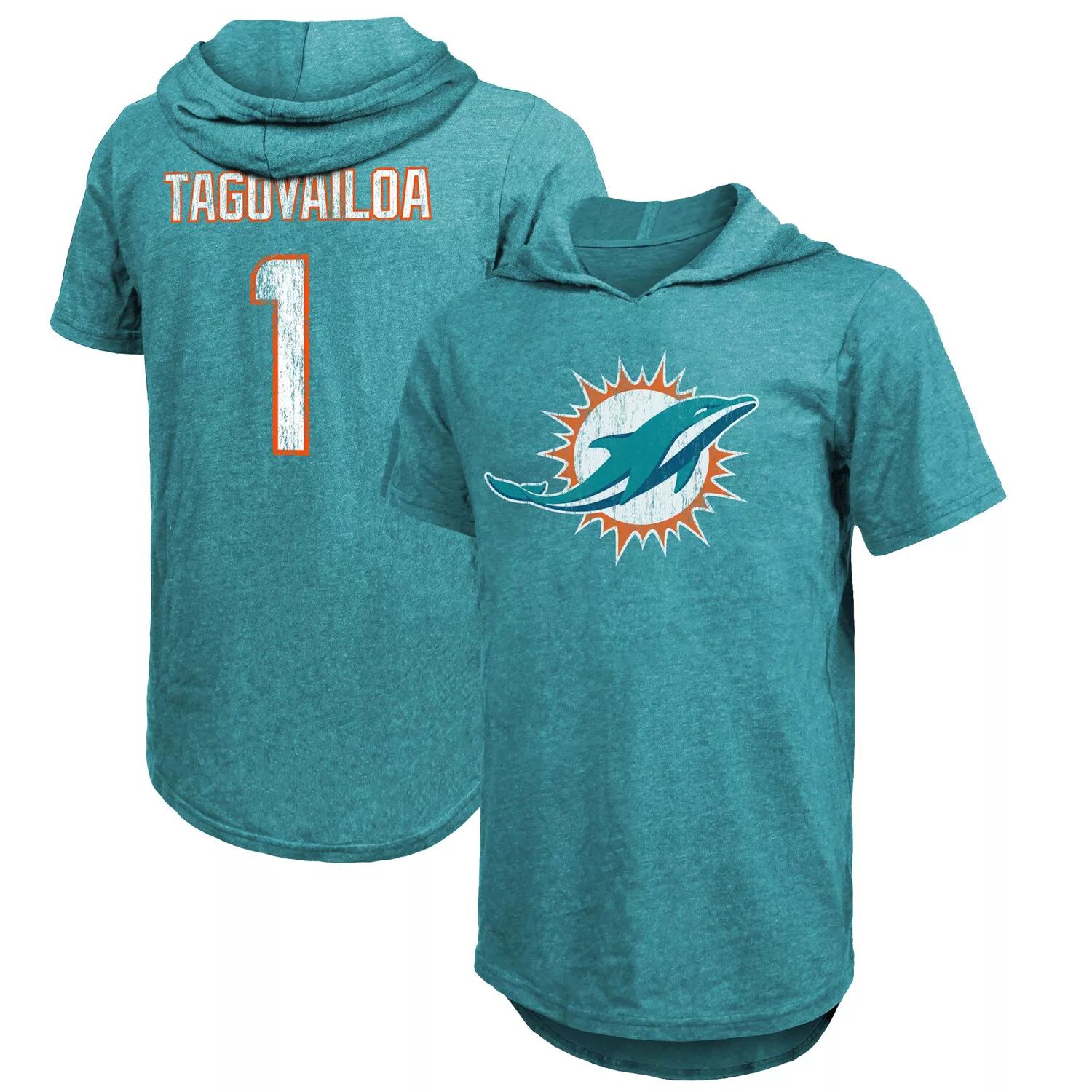 Мужская футболка Fanatics с фирменным логотипом Tua Tagovailoa Aqua Miami Dolphins, имя и номер игрока, футболка с капюшоном из трех смесей