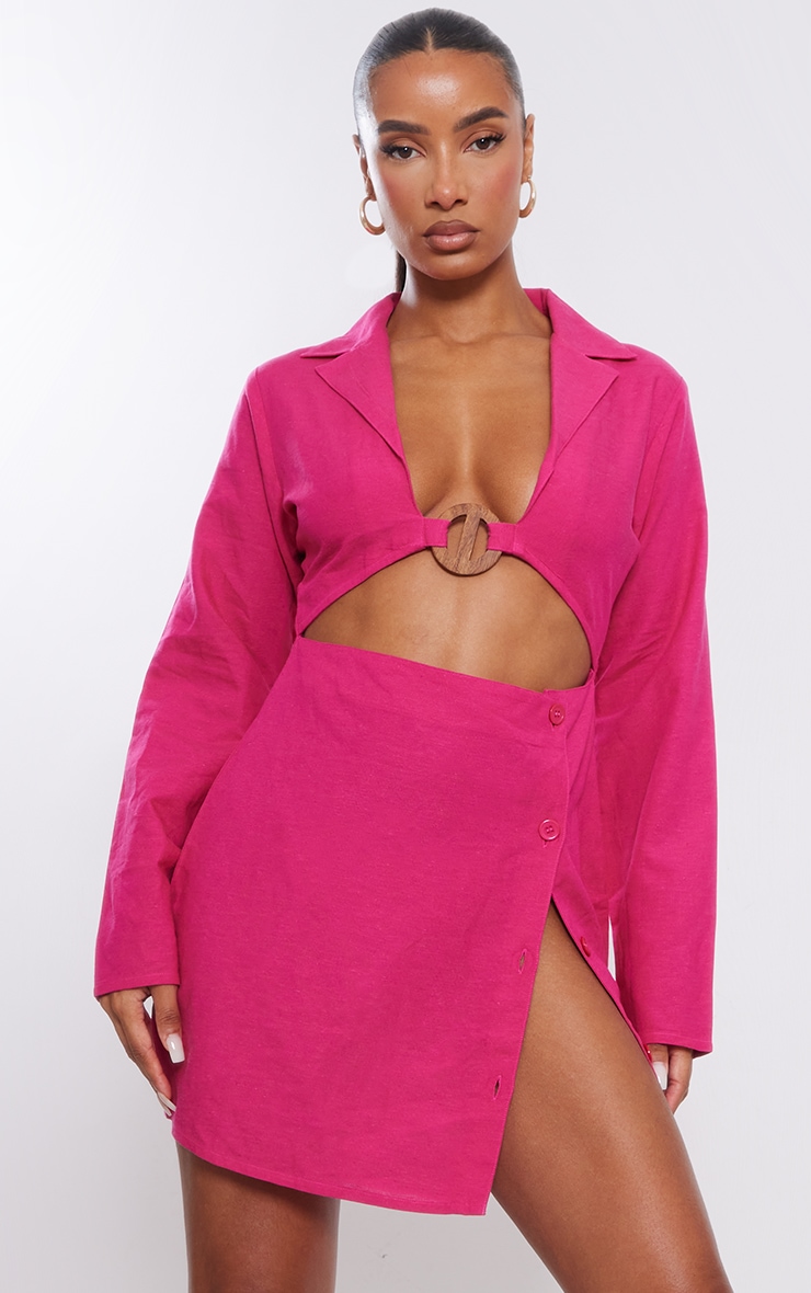 цена PrettyLittleThing Ярко-розовое платье-блейзер с вырезами и льняной отделкой