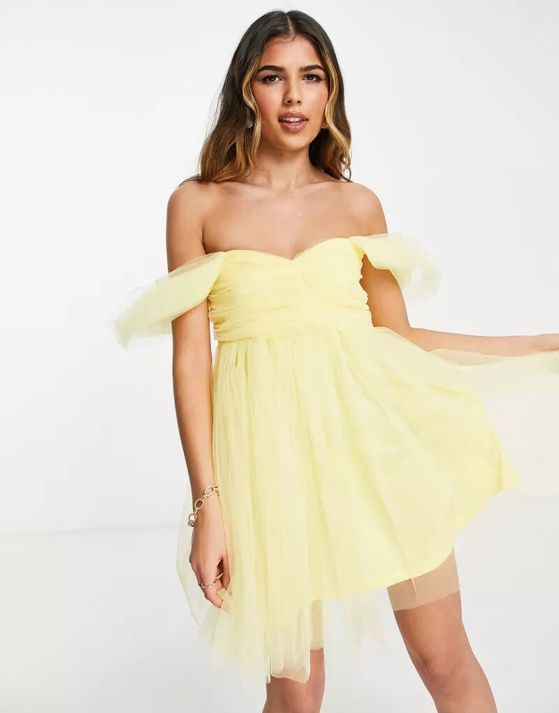 Желтое мини-платье из тюля Lace & Beads