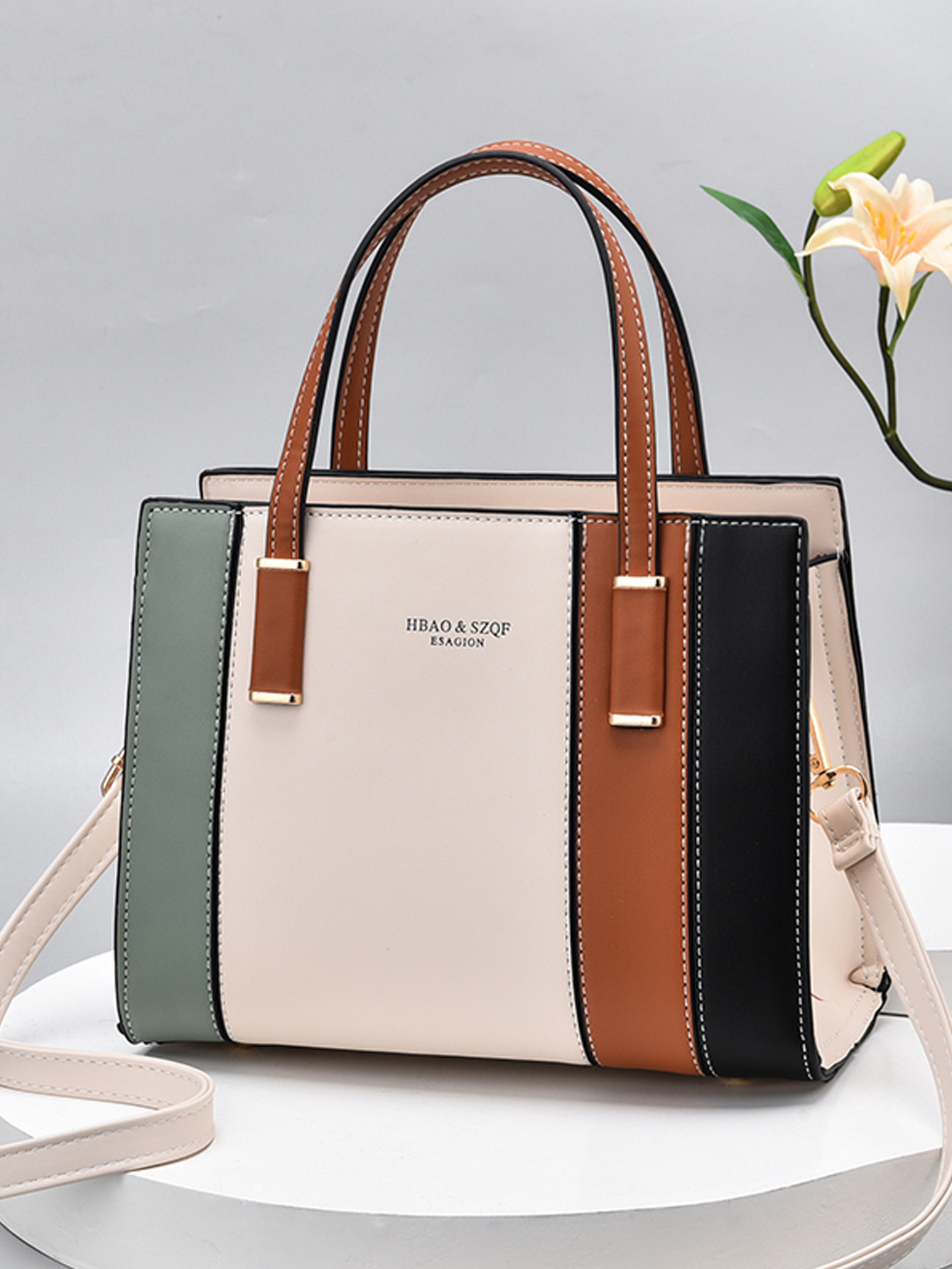 Модная большая сумка с цветными блоками большой вместимости и двумя ручками, бежевый новая модная седельная сумка с цветными блоками коричневый