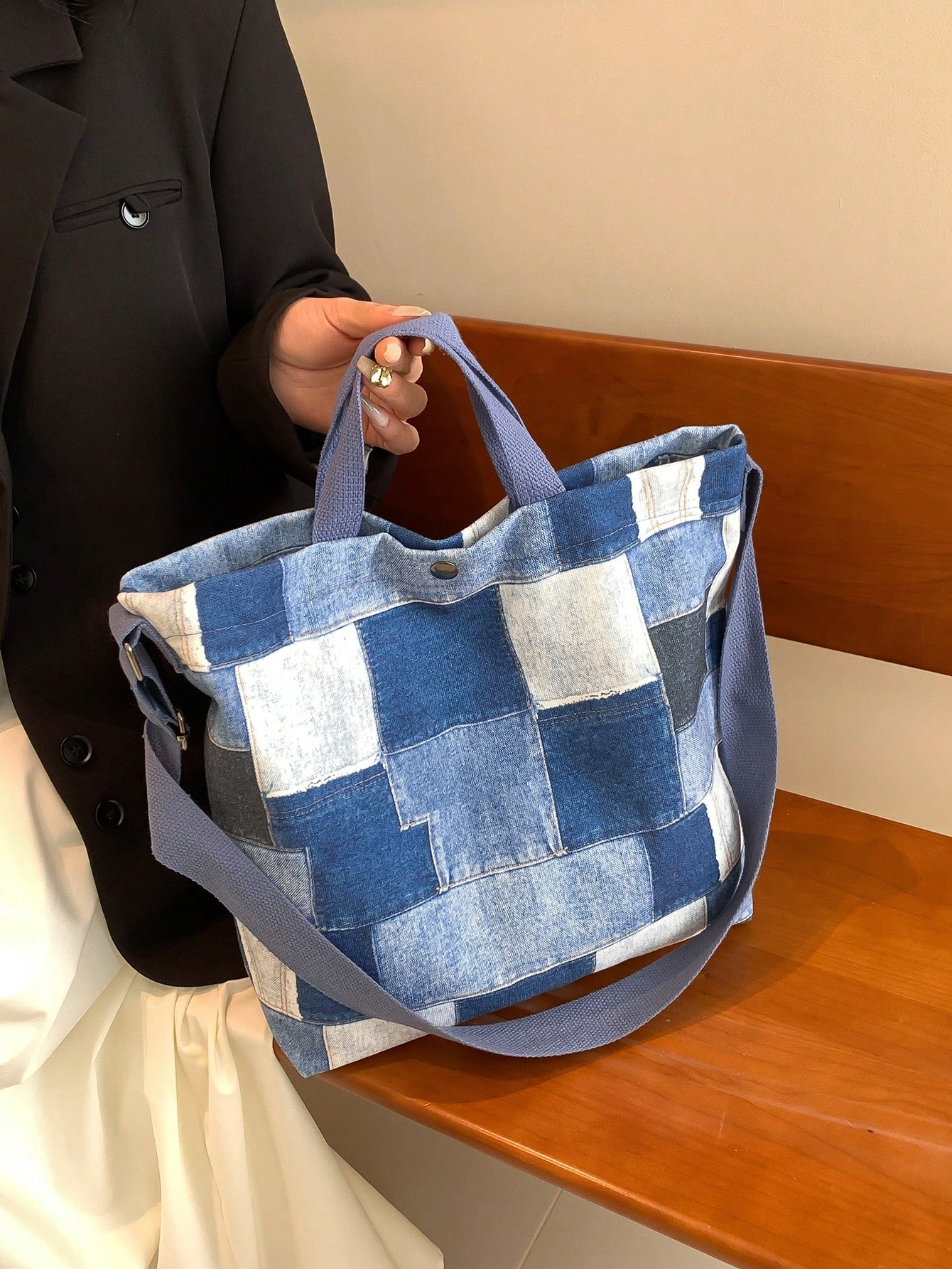 1 шт. повседневная женская сумка-тоут в клетку с цветными блоками, синий цена и фото