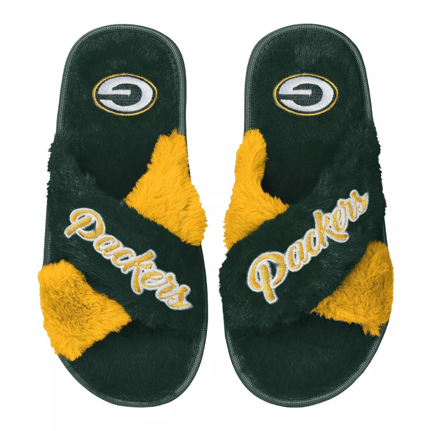 

Женские двухцветные шлёпанцы из искусственного меха FOCO Green Green Bay Packers