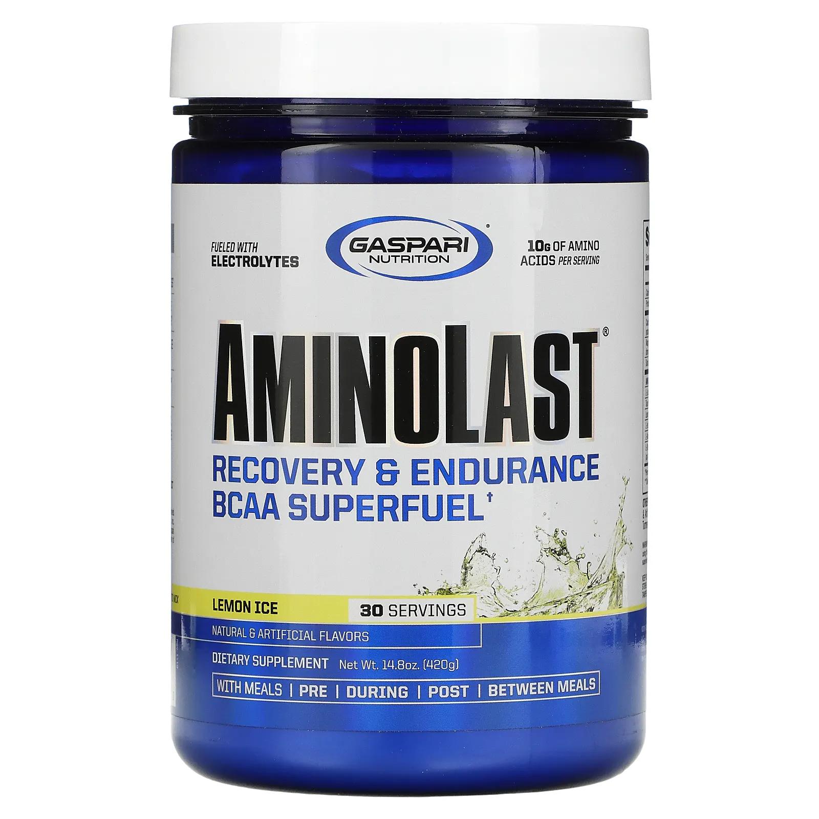 Gaspari Nutrition Aminolast Супертопливо BCAA восстановление и выносливость лимонный лед 14,8 унц. (420 г)