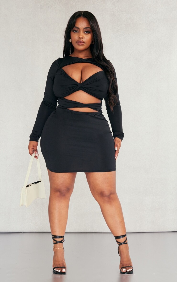 

PrettyLittleThing Черное облегающее платье Plus с длинными рукавами и вырезами