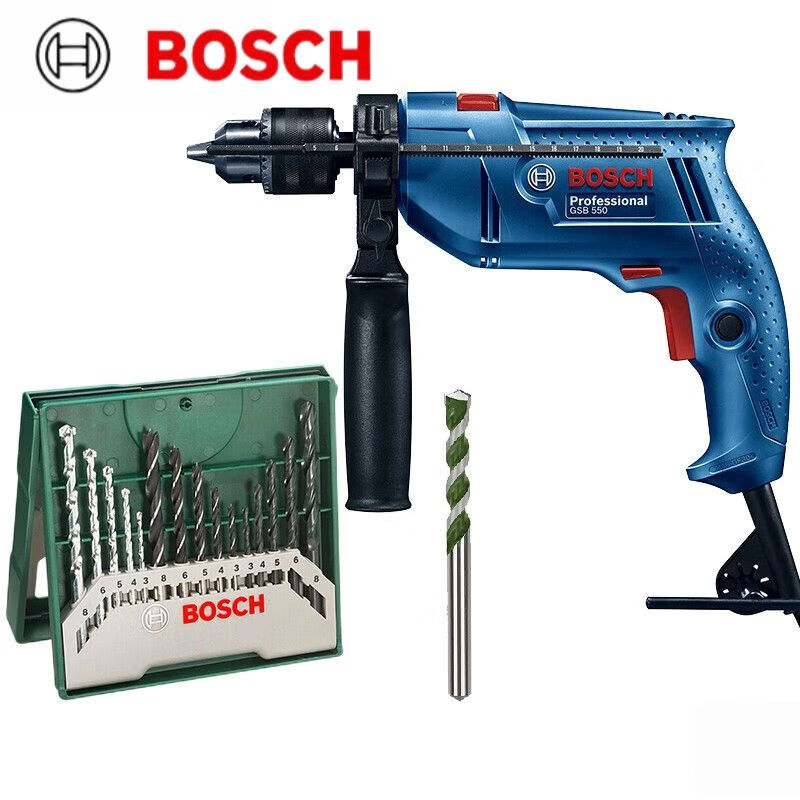 Ударная дрель Bosch GSB 550 + комплект сверл, 15 штук