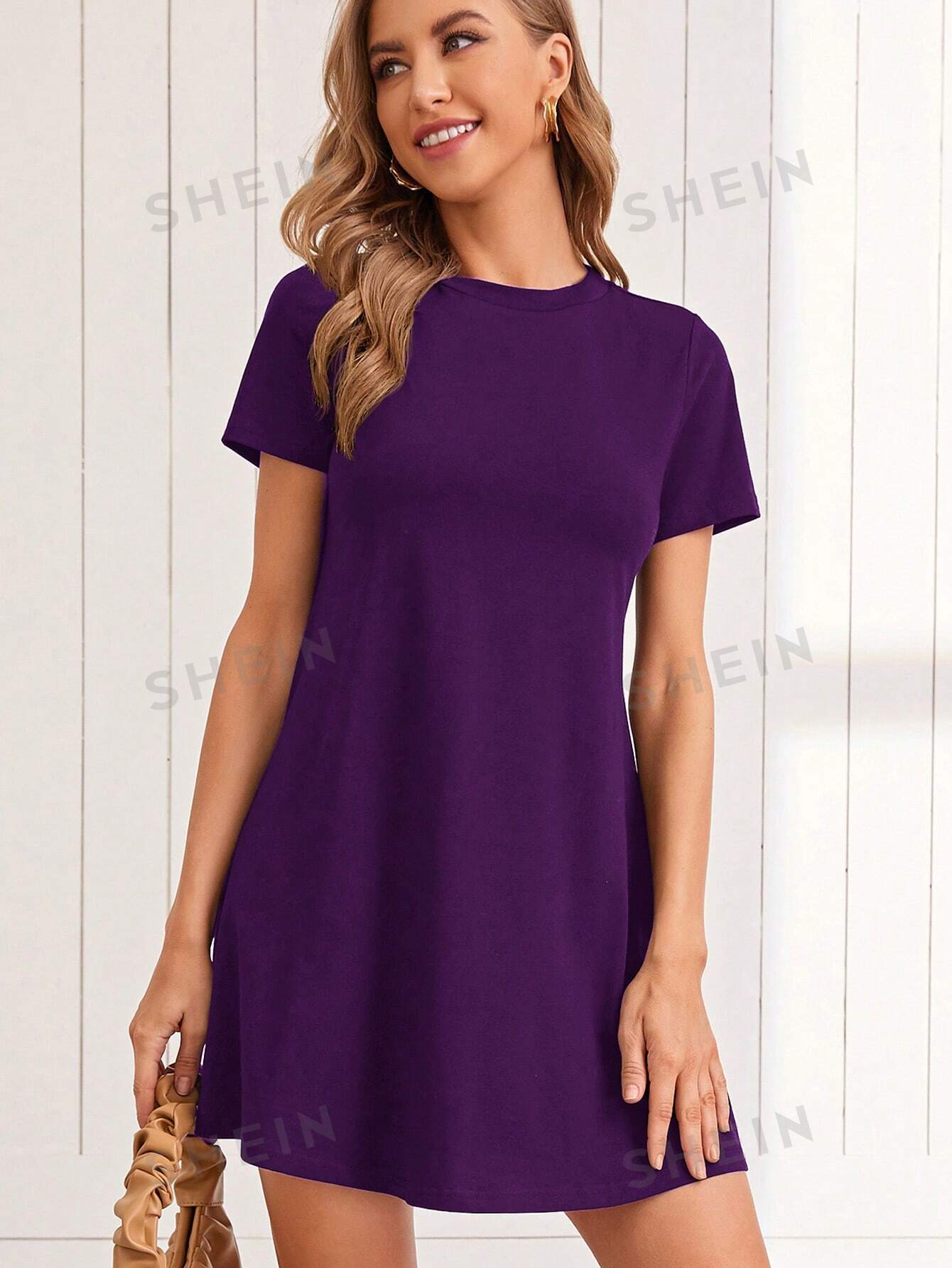 SHEIN LUNE Трикотажное однотонное повседневное платье с круглым вырезом и короткими рукавами, фиолетовый платье trends brands однотонное 46 48 размер