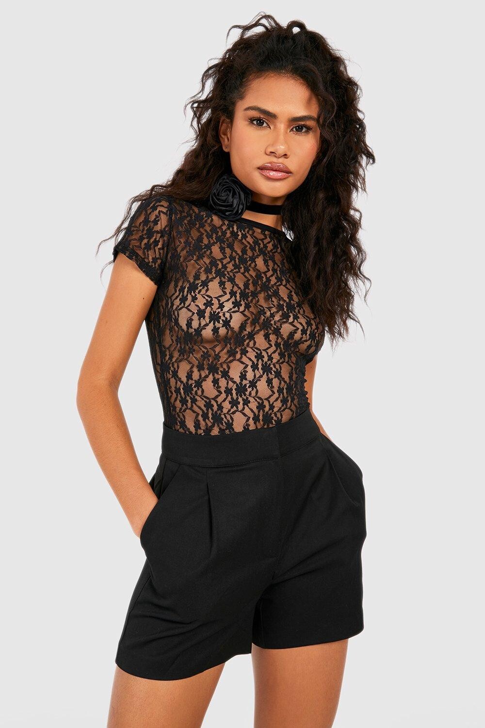 

Кружевной топ с круглым вырезом и короткими рукавами Boohoo, черный